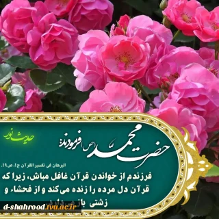 حضرت محمد (ص) فرمودند: ﻿﻿فرزندم از خواندن قرآن غافل مباش، زیرا که قرآن دل مرده را زنده مى‌کند و از فحشاء و زشتى باز مى‌دارد


