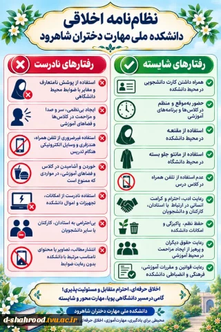 ضمن عرض تبربک سال نو تحصیلی خدمت دانشجویان محترم به اطلاع می رساند: هر گونه تردد در دانشکده نیازمند احترام به نظام نامه اخلاقی دانشکده می باشد.